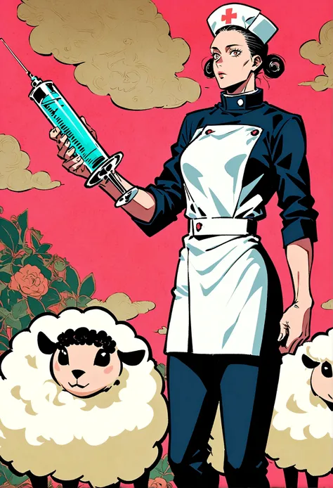 (jujutsu kaisen art style), stuffed sheep standing, has a giant syringe , is wearing nurse outfit, non human, no humans, artwork
