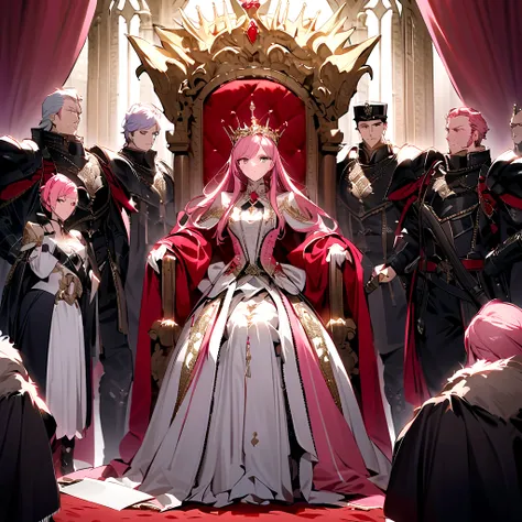 Pink hair queen、Pink hair queen、Pink hair queen、Pink hair queen、、Throne、The Prime Minister surrounded the King、Pink hair queen、Several men standing beside the Queen、Have documents、Beauty Queen