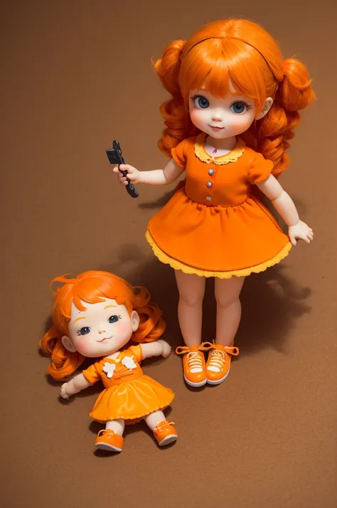 Orange hair doll with a pizza clip in his hair and orange dress with sweets and food and orange shoes and orange skin color 