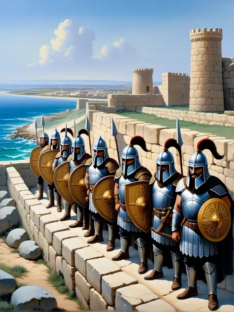 An oil painting depicting the dwarves mentioned in the Book of Ezekiel from the Bible, standing guard over the ancient walls of the city of Tyre. The scene shows the dwarves with sturdy, muscular builds, wearing traditional, intricately designed armor and ...