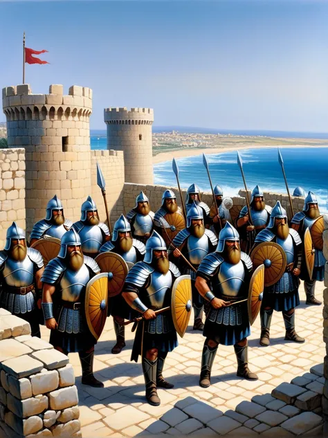 An oil painting depicting the dwarves mentioned in the Book of Ezekiel from the Bible, standing guard over the ancient walls of the city of Tyre. The scene shows the dwarves with sturdy, muscular builds, wearing traditional, intricately designed armor and ...