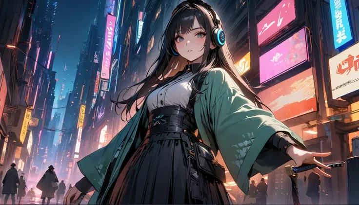 (((8K, Masterpiece, high resolution, highest quality, highest quality real texture skin))), ((wearing Japanese pattern headphones)), (((1 girl))), (((Shinsengumi no Haori))), (((Holding a sword))), (((Cyberpunk City at Night))), ((sunglasses)), (((Maid))),...