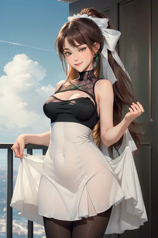 (((Full and soft breasts,)))(((Huge breasts))) (((Cleavage))) (Perfect curvy figure),((Full pose:1.5)), ((Lower perspective:1.5)), ((permanent:1.5)), ((dress:1.5)), ddlcomonics, ddlcomonics, Bangs, Brown hair, (Green Eyes:1.5), Long hair, Ponytail, Ribbon,...