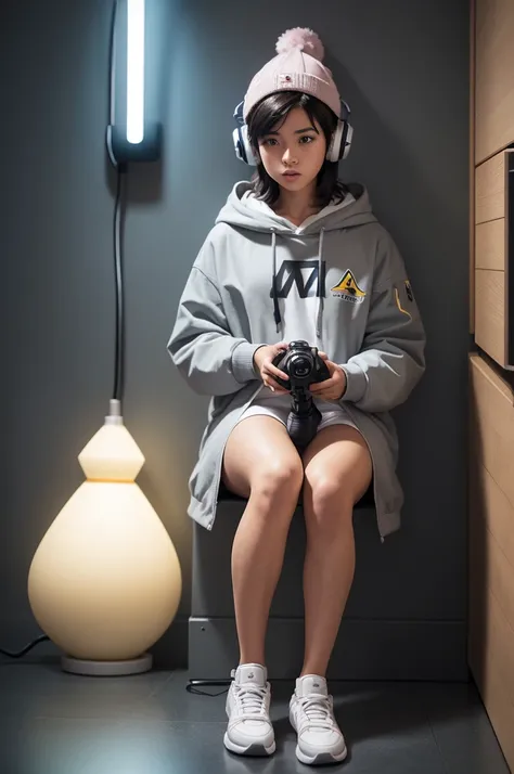 One sitting at a desk leaning against the corner of a wall with a gamer setup with the screen showing. shes in a room. She holds a small chimarrão gourd and a joystick. In the background there are vertical surfboards and a pink LED light on the floor. She ...