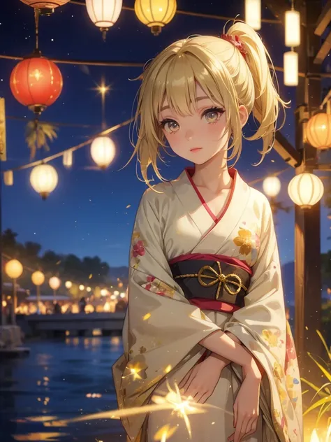 kyoko , kimono night in firework , blonde hair, pigtailed haired , yellowish eyes