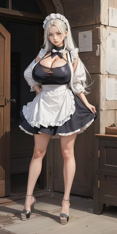 (((Full and soft breasts,)))(((Huge breasts))) (((Cleavage))) (Perfect curvy figure),woman, permanent, Direct, long_hair, messy_hair, White_hair, Maid in Armor, Metal high heels