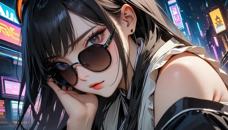 (((8K, Masterpiece, high resolution, highest quality, highest quality real texture skin))), ((wearing Japanese pattern headphones)), (((1 girl))), (((Shinsengumi no Haori))), (((Hold the sword close to your face))), (((Cyberpunk City at Night))), ((sunglas...