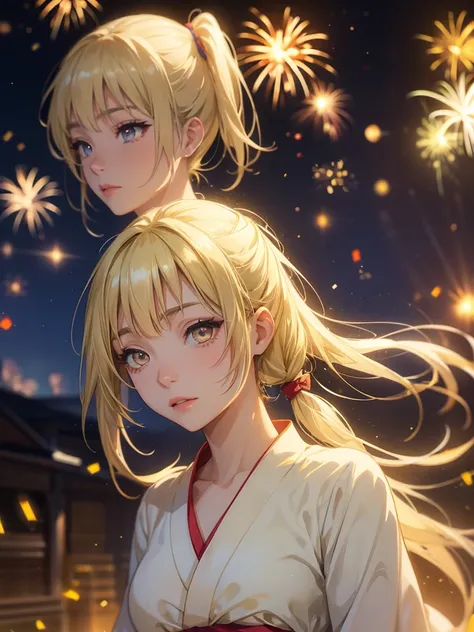 kyoko , kimono night in firework , blonde hair, pigtailed haired , yellowish eyes