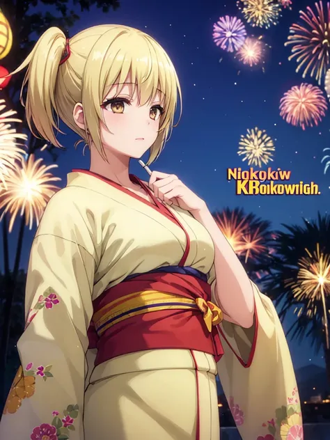 Kyoko , kimono night in firework , blonde hair, pigtailed haired , yellowish eyes