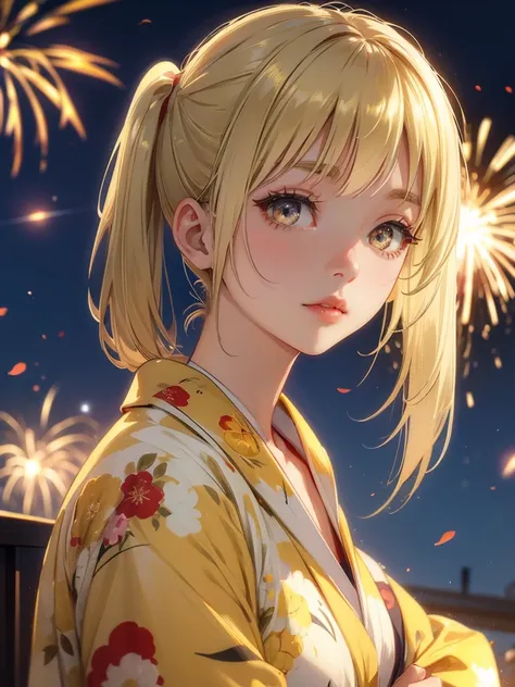 kyoko , kimono night in firework , blonde hair, pigtailed haired , yellowish eyes