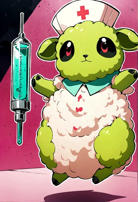 (jujutsu kaisen art style), stuff animal sheep holding a giant syringe, is wearing nurse outfit, non human, no humans, artwork
