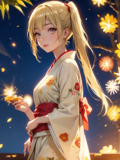 kyoko , kimono night in firework , blonde hair, pigtailed haired , yellowish eyes