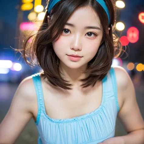 one girl、((smile:0.1))、Medium Bob、Half-up hairstyle、brown hair、delicate girl、Upper body、small breasts、unreasonable precision、Super detailed、completely flat、Honesty、professional lighting, film grain, chromatic aberration, (Eye and face details:1.0), (bokeh:...