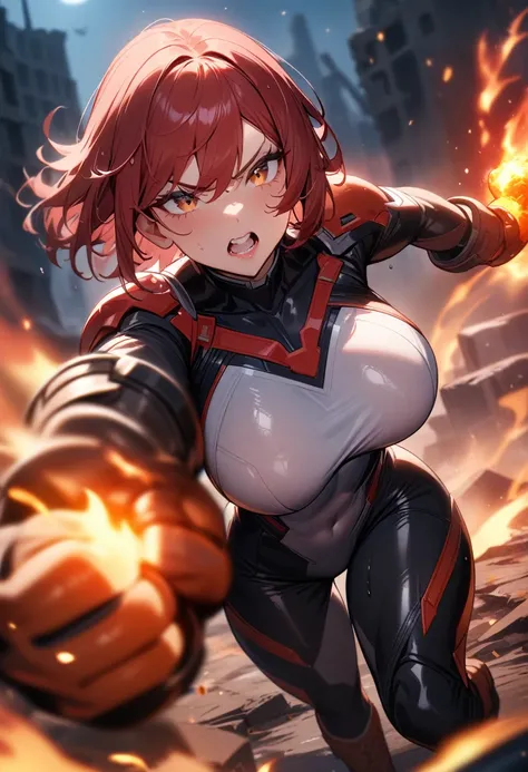 1girl,solo,super detailed skin,shiny skin,wet skin,expressionless ,open mouth,Clenching teeth,eyelashes,lips gloss,red hair,bob hair,short hair ,large breasts ,bodysuit ,boots,fire in hand ,punching,night ruins,pov,masterpiece,best quality,ultra detailed,h...