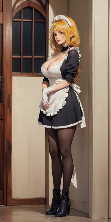 (((Full and soft breasts,)))(((Huge breasts))) (((Cleavage))) (Perfect curvy figure),(Mature female:1.4), masterpiece, best quality (maid, maid headdress, maid apron), permanent, indoors, window, masterpiece, best quality, high quality, Long hair, Yellow e...