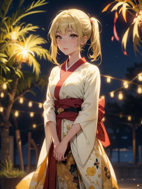 kyoko , kimono night in firework , blonde hair, pigtailed haired , yellowish eyes