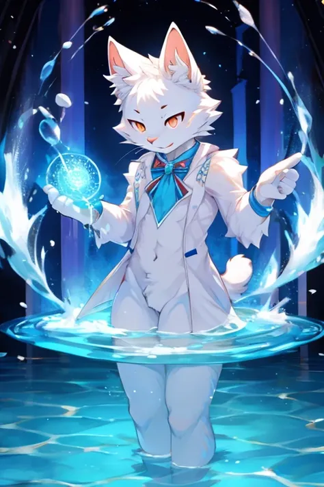 furry, White cat, water magician, whole body, detailed body