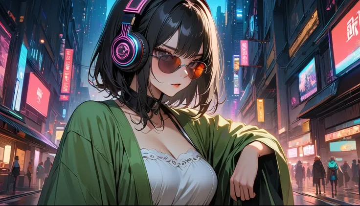 (((8K, Masterpiece, high resolution, highest quality, highest quality real texture skin))), ((wearing Japanese pattern headphones)), (((1 girl))), (((Japanese pattern haori))), (((Hold the sword))), (((Cyberpunk City at Night))), ((sunglasses)), (((Maid)))...