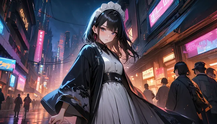 (((8K, Masterpiece, high resolution, highest quality, highest quality real texture skin))), ((wearing Japanese pattern headphones)), (((1 girl))), (((Japanese pattern haori))), (((Hold the sword))), (((Cyberpunk City at Night))), ((sunglasses)), (((Maid)))...