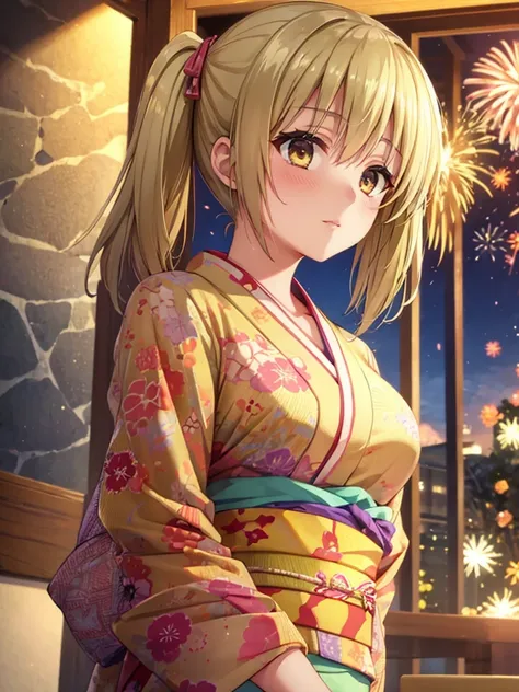 kyoko , kimono night in firework , blonde hair, pigtailed haired , yellowish eyes