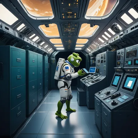 Create an illustration of a space station brimming with advanced technological resources and numerous drawers. In this detailed and futuristic environment, include a character—Pepe_Frog a young boy—interacting with or exploring the space station. Integrate...