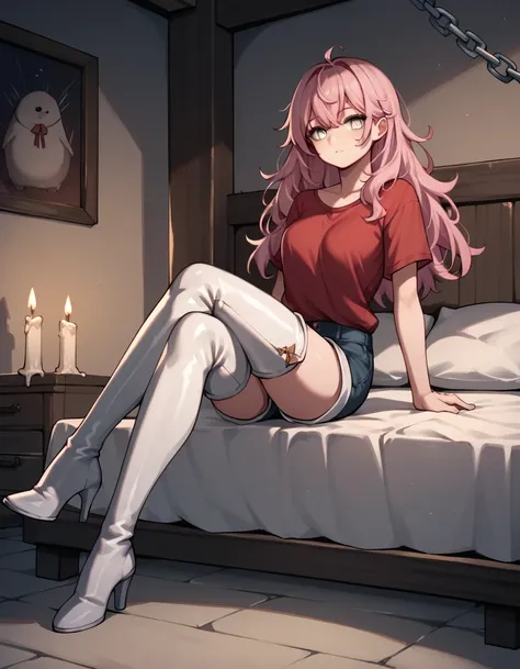 score_9, score_8_up, score_7_up, score_6_up, score_5_up, score_4_up, source_anime, 1girl,Seal the mouth,sit,bed,pink hair,loose hair, white eyes, w-w-chain, spread arms,crossed legs,Knees on the bed,clean hair,red shirt,shorts,thigh boots,white boots,heels...