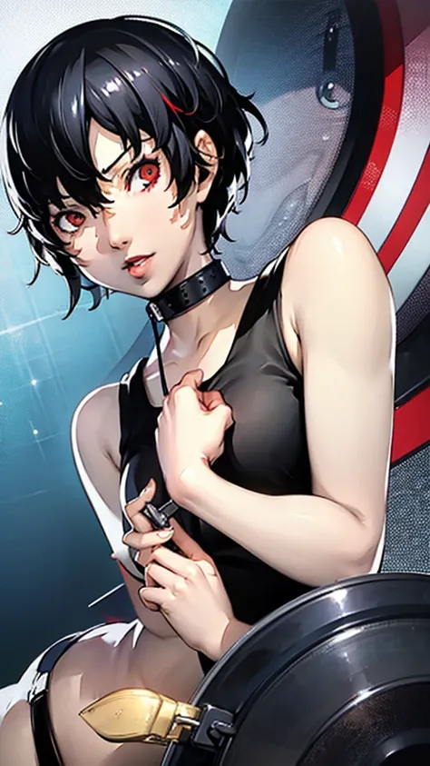 1 girl, very Short hair, tomboy Pixie haircut, black hair, red eyes, lipstick, black choker, face portrait, tank top, shigenori soejima style