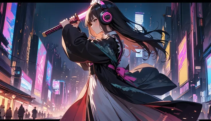 (((8K, Masterpiece, high resolution, highest quality, highest quality real texture skin))), ((wearing Japanese pattern headphones)), (((1 girl))), (((Japanese pattern haori))), (((Holding the sword with both hands))), (((Cyberpunk City at Night))), ((sungl...