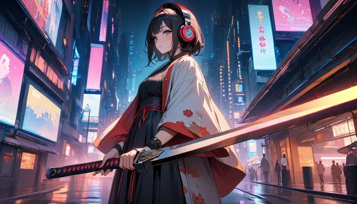 (((8K, Masterpiece, high resolution, highest quality, highest quality real texture skin))), ((wearing Japanese pattern headphones)), (((1 girl))), (((Japanese pattern haori))), (((Holding the sword with both hands))), (((Cyberpunk City at Night))), ((sungl...