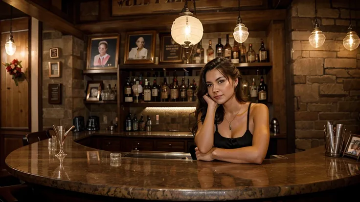 Bar counter with roses and old photographs of a woman