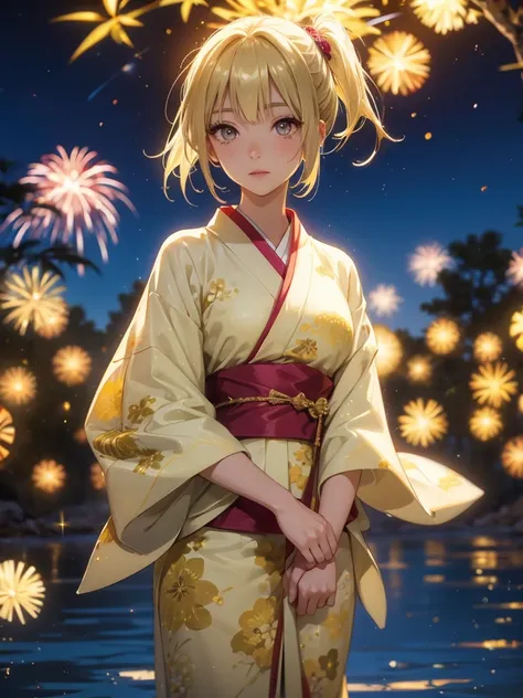 kyoko , kimono night in firework , blonde hair, pigtailed haired , yellowish eyes, short hair