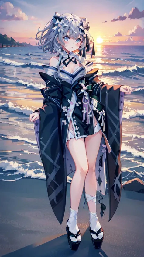 vestianewyr, hair bow, hair flower, japanese clothes, black kimono, off shoulder, looking at viewer, at beach, sunset view