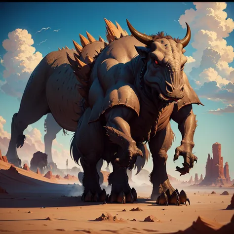 behemoth,  big monster,  sauropod or a giant three-horned bull, armored body,  typical of deserts, ((best qualityer, extreme qua...