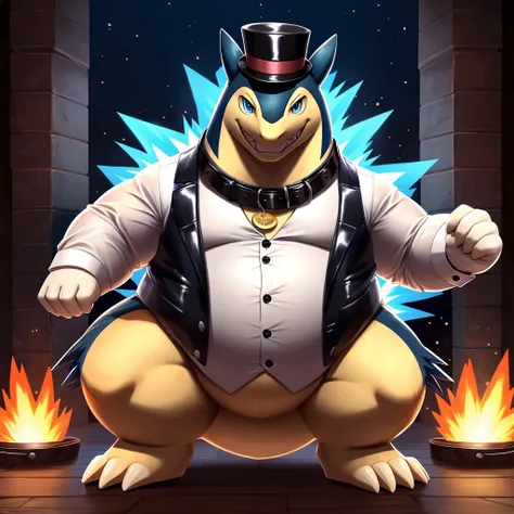 Solo, Male, fat, squatting, extremely obese, gentleman, dapper, Typhlosion, blue eyes, (soft shading), 4k, hi res, ((detailed face, detailed)), looking at viewer, evil grin, collared shirt with buttons, top hat, male focus, Tuxedo, glasses, monocle, vest w...