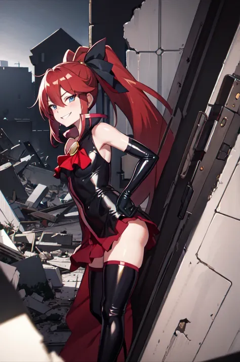 Highest quality, masterpiece, One Girl,Not beautiful, Red Ponytail, Long dress, brooch, Hair Ribbon, - Elbow hand pockets, Black knee socks, Standing on the rubble,  (Wicked Smile:1.1), ,,Dark shadowed face,Sadistic smile,Malice,Contempt,smile,latex,Bad fa...