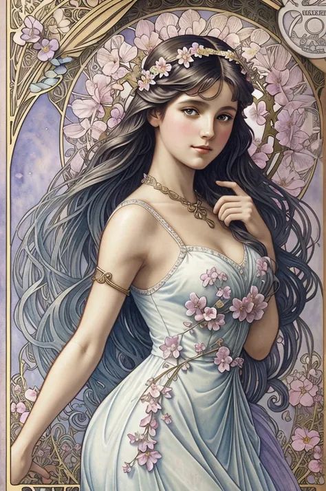 An ultrafine detailed watercolor painting of sailor moon with flowers in her hair, in the style of Alphonse Maria Mucha and Gustav Kilmt, art nouveau accents, fairy princess, anthropomorphic female, female figure, detailed cover artwork, as the goddess of ...