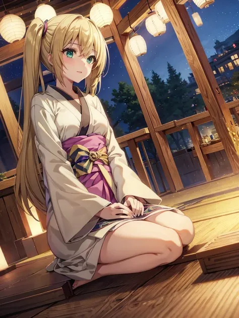 layla , kimono night in firework , blonde hair, pigtailed haired, green eyes ,long hair