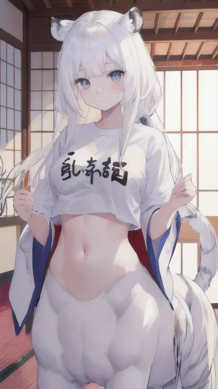 (best quality, masterpiece), 1 girl, centaur, It takes, White skin, Japanese female idol , exposing the abdomen,belly button t-shirt, 아름다운 소녀 perfect white tiger photo, perfect white tiger photo