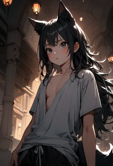 short tender sexy boy with long black hair, big black eyes wolf ears and tail .Comfortable and loose clothing  ,kawaii