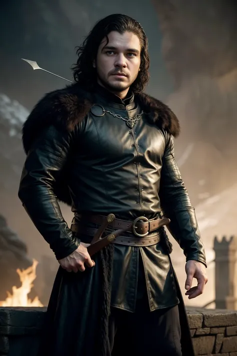 Westeros, north of westeros, frank frazetta, ultra realistic, work of art, game of thrones style, jon snow looalike archer, very pride archer, kinda slim, black clothes, confident