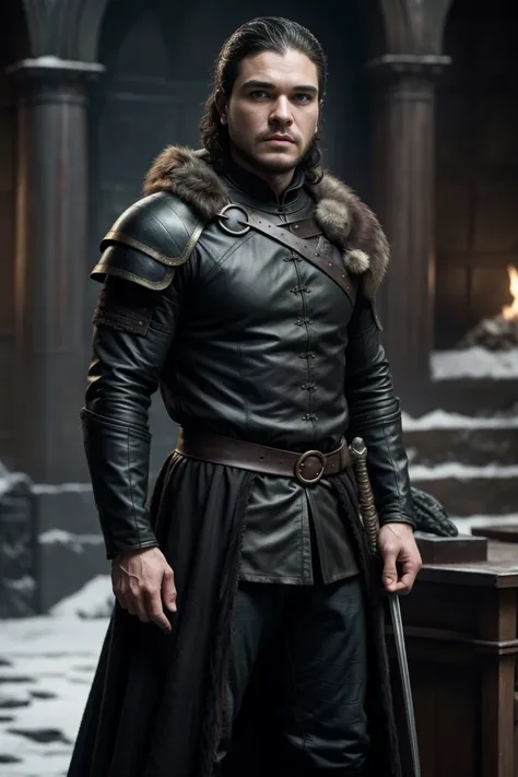 Westeros, north of westeros, frank frazetta, ultra realistic, work of art, game of thrones style, jon snow looalike archer, very pride archer, kinda slim, black clothes, confident