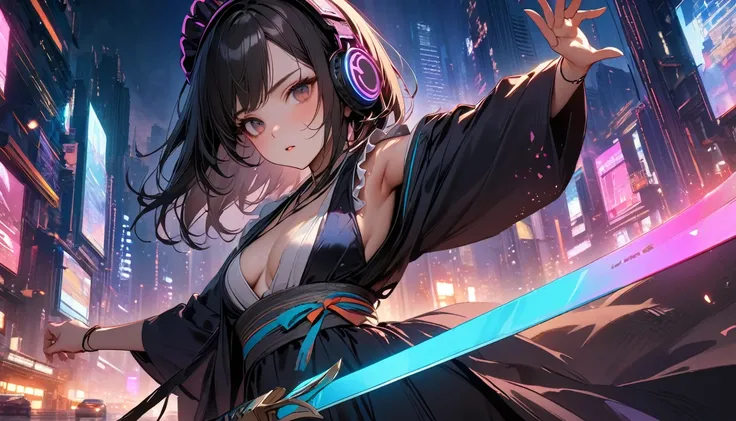 (((8K, Masterpiece, high resolution, highest quality, highest quality real texture skin))), ((wearing Japanese pattern headphones)), (((1 girl))), (((kimono))), (((Holding the sword with both hands))), (((Cyberpunk City at Night))), ((sunglasses)), (((Maid...