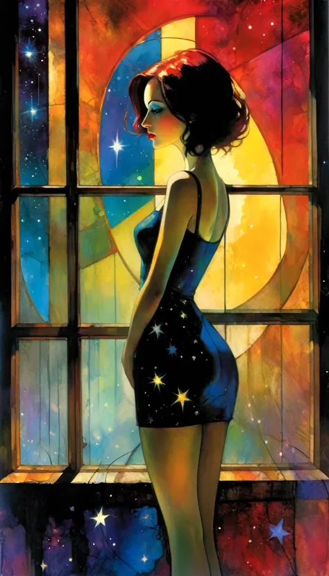 woman, alone, sadness, sexy, standing in front of a large window, through the window a surprising world of colors appears before her, surrealism, night, stars, surreal (art inspired by Bill Sienkiewicz). oil painting)
