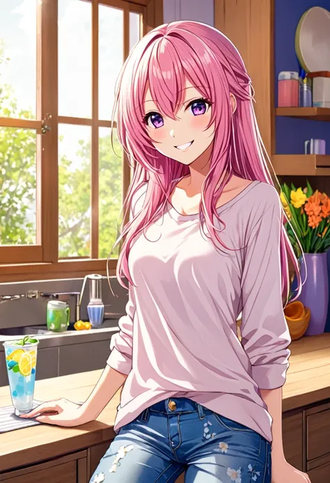 Megurine Luka casual clothes upper body colorful jeans morning smile