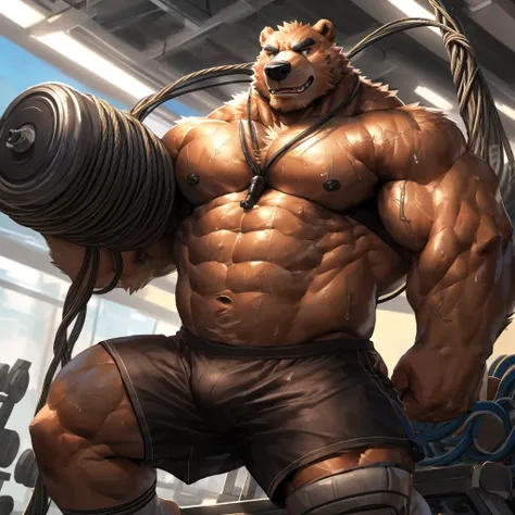 human nature, cannon, male, solitary, ((the strong，Handsome)), (grizzly bear), Chibo，Six-pack abs，(gym Background), ((cable crossover machine:1.3))，black shorts，Sweat:1.3,White Socks，high quality, (4k,high quality, high resolution, masterpiece), Front view...