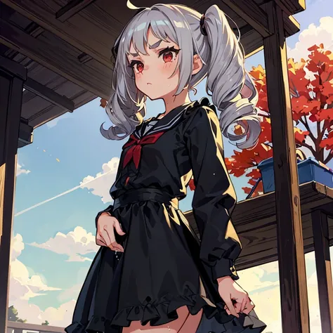 Young girl with grey hair, ((fringed and curly hair)),((curly short twintail)), curly hair ,(red eyes),, ((small bushy eyebrows)), wearing gothic lolita clothing, lolicon , walking to school, bored look, bored face, , lifting her skirt to show her vagina w...