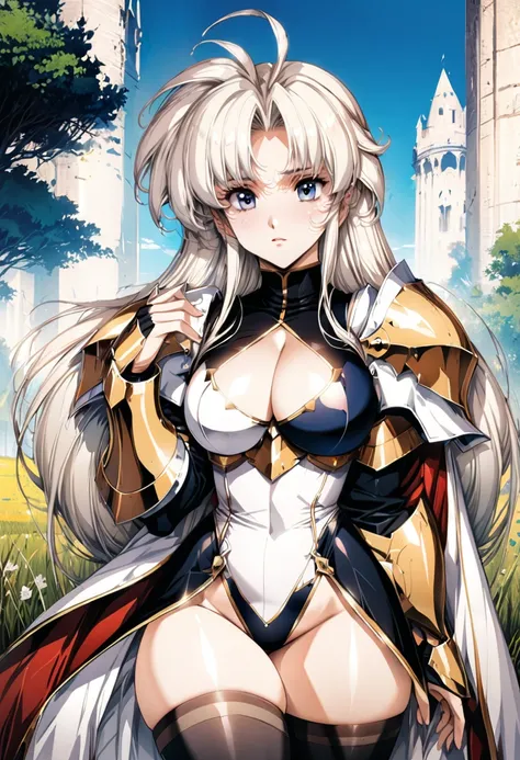 ((highest quality)), ((masterpiece)), ((hyperrealistic)), (detailed background), anime style, solo, 1girl, ((langrisser)), ((curvy: 1.2)), kawaii, ((cleavage cutout leotard)), ((white knight dress)), white long hair, ahoge, forehead, parted bangs, (long co...