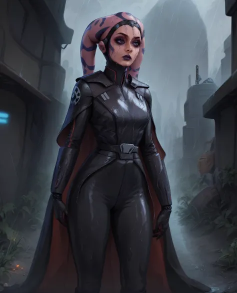 score_9,score_8_up,score_7_up,score_6_up, Female Twilek
 ,wearing armor
, FULL body, wet, armor,gloves,black bodysuit,black cape,belt,rain, science fiction,sith base, star wars, outdoors, rain, solo,fflixbag wearing armor sabine wren space_girl
