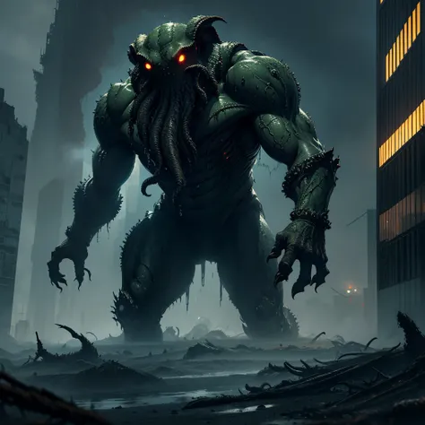 cthulhu, Colossal, destroying cities, in the rain, the night,  ((best qualityer, extreme quality, Masterpiece artwork)), realisitic