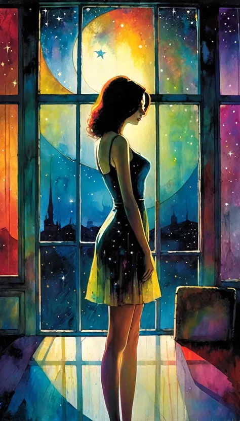 woman, alone, sadness, sexy, standing in front of a large window, through the window a surprising world of colors appears before her, surrealism, night, stars, surreal (art inspired by Bill Sienkiewicz). oil painting)
